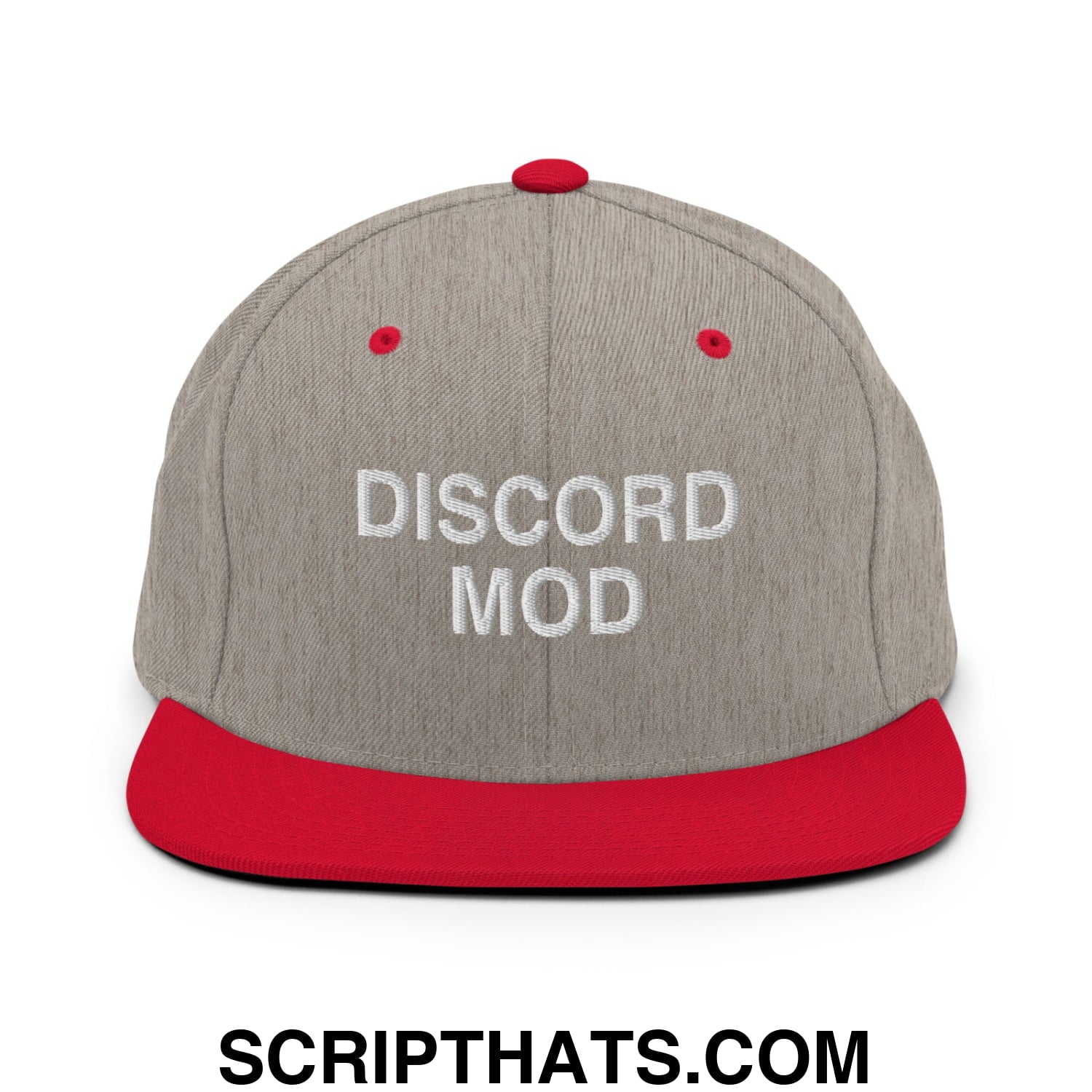 Discord Mod Embroidered Flat Bill Brim Snapback Hat Heather Grey Red