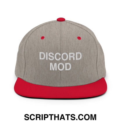 Discord Mod Embroidered Flat Bill Brim Snapback Hat Heather Grey Red