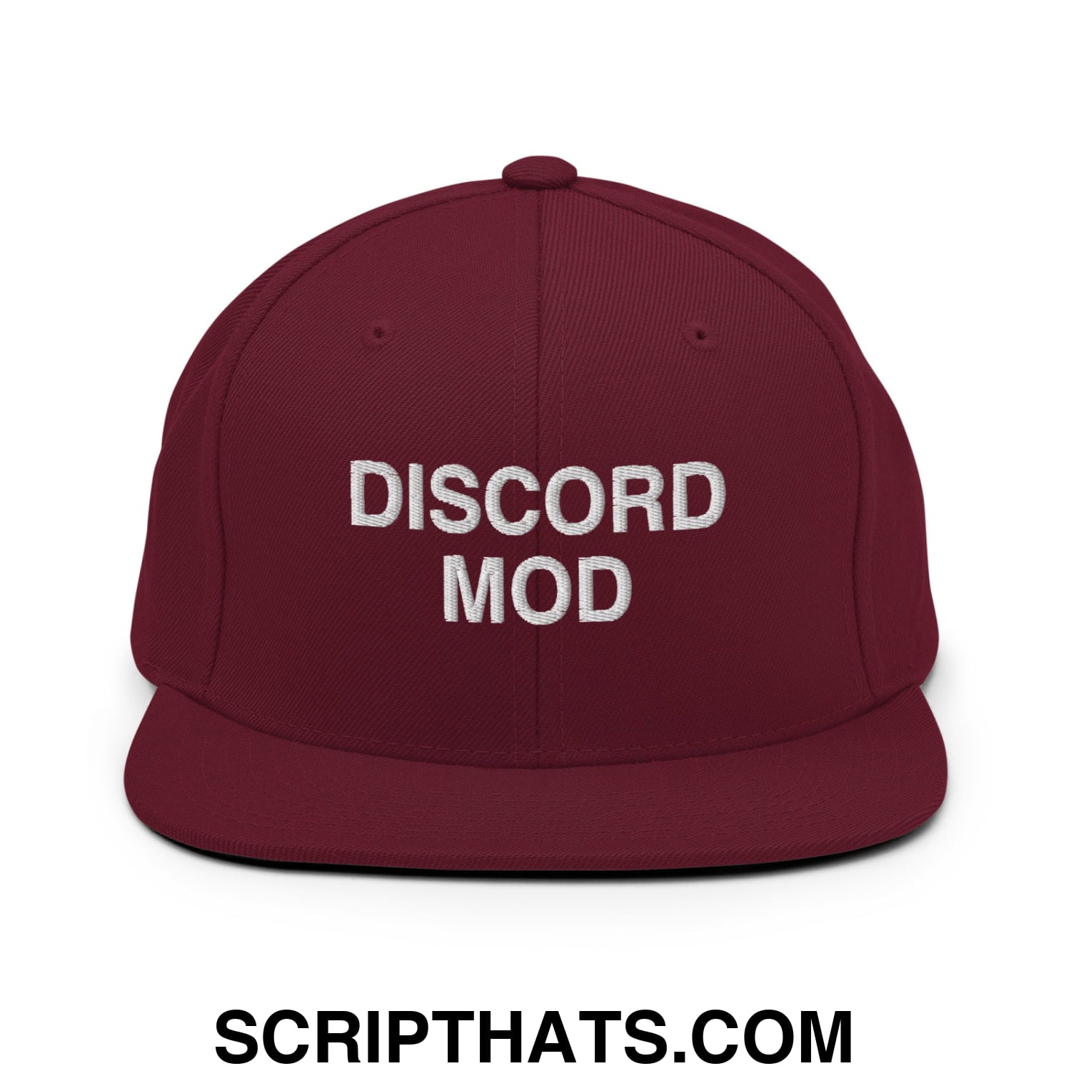Discord Mod Embroidered Flat Bill Brim Snapback Hat Maroon