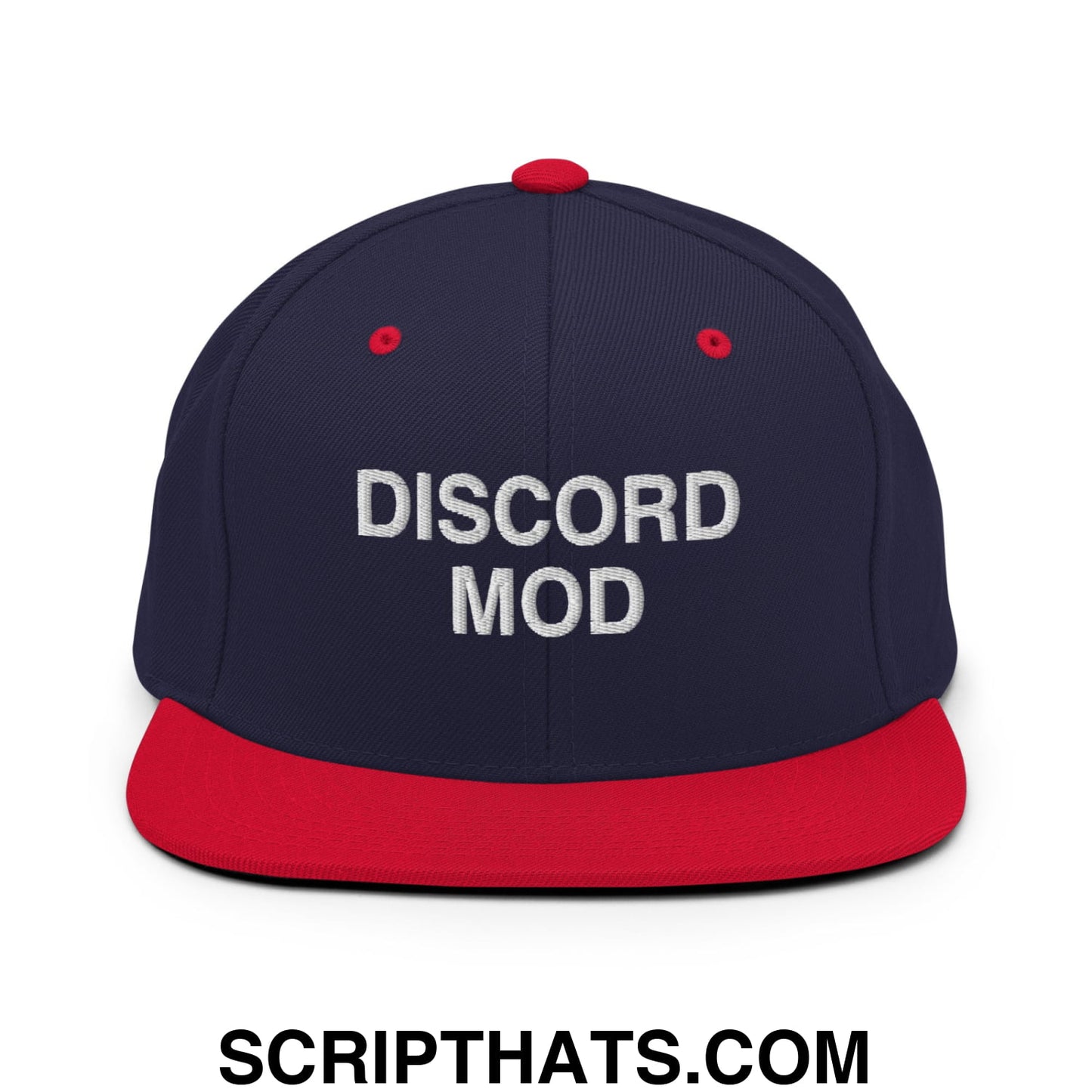 Discord Mod Embroidered Flat Bill Brim Snapback Hat Navy Red