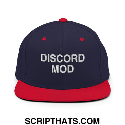 Discord Mod Embroidered Flat Bill Brim Snapback Hat Navy Red