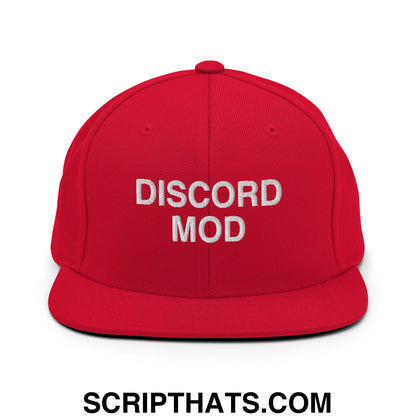 Discord Mod Embroidered Flat Bill Brim Snapback Hat Red