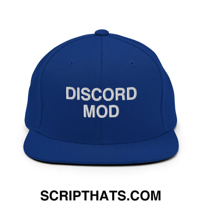 Discord Mod Embroidered Flat Bill Brim Snapback Hat Royal Blue
