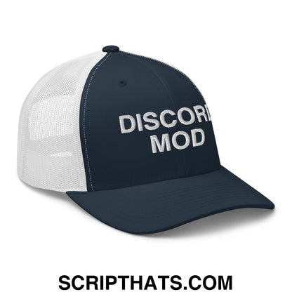 Discord Mod Embroidered Mesh Trucker Hat Navy White