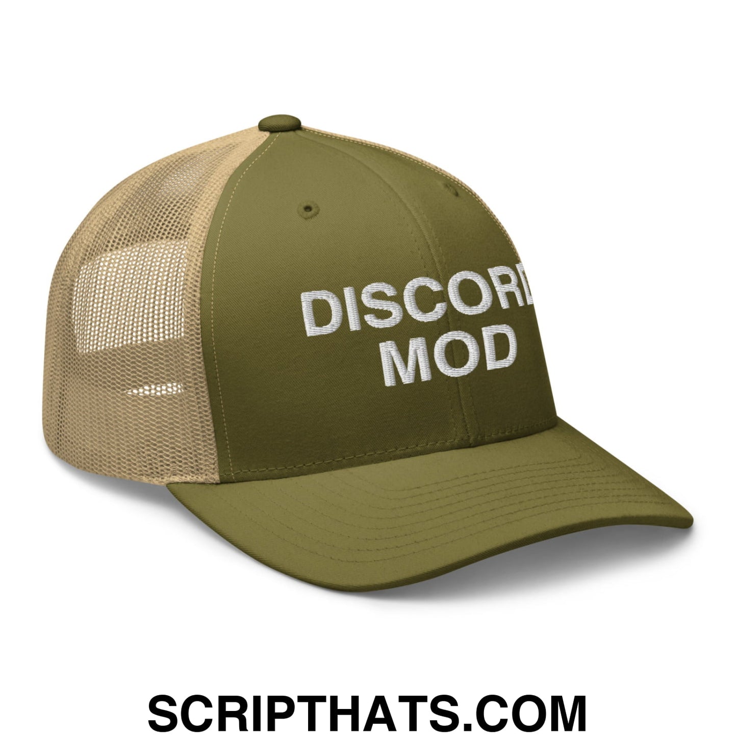 Discord Mod Embroidered Mesh Trucker Hat Moss Khaki