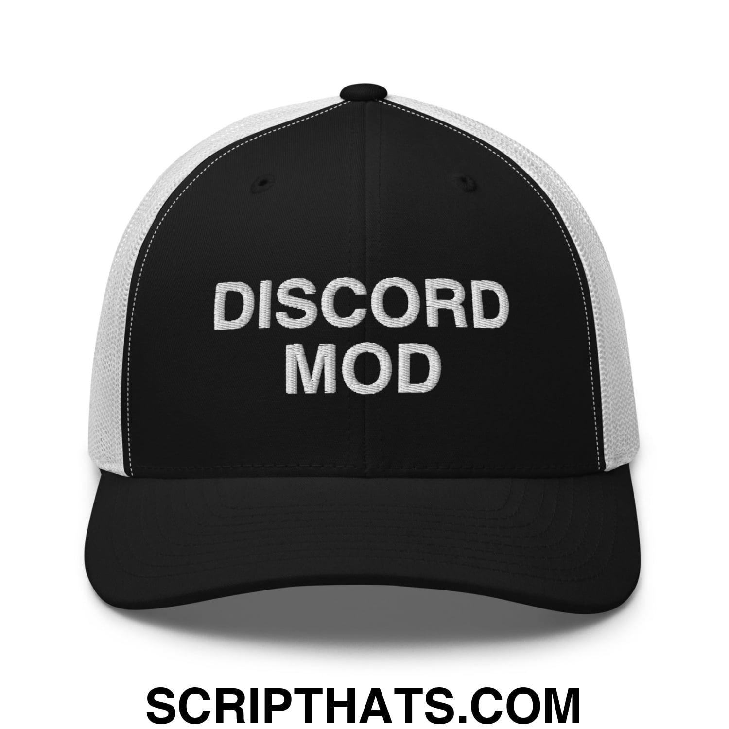 Discord Mod Embroidered Mesh Trucker Hat Black White