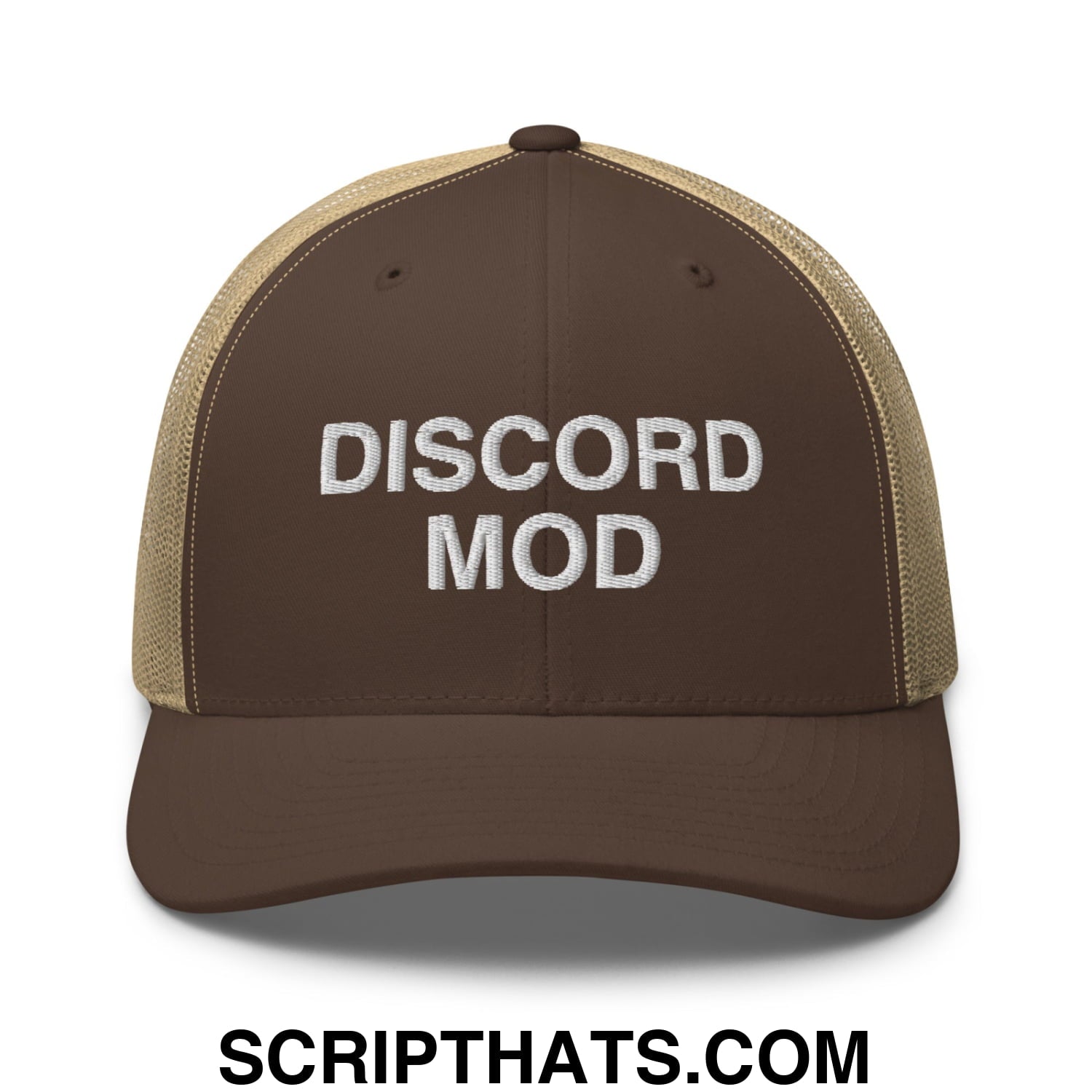 Discord Mod Embroidered Mesh Trucker Hat Brown Khaki