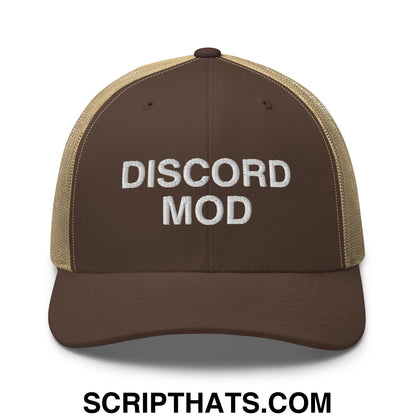 Discord Mod Embroidered Mesh Trucker Hat Brown Khaki