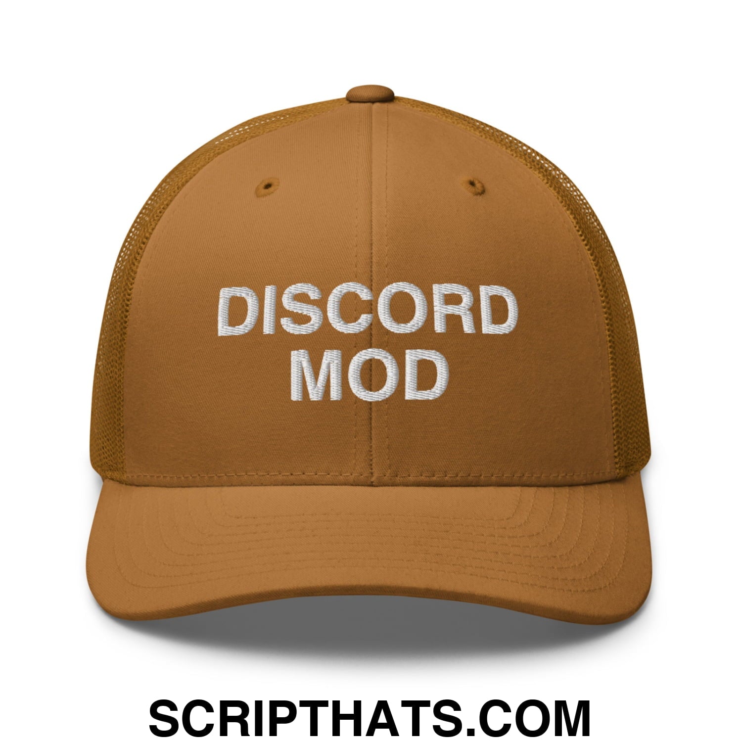 Discord Mod Embroidered Mesh Trucker Hat Caramel