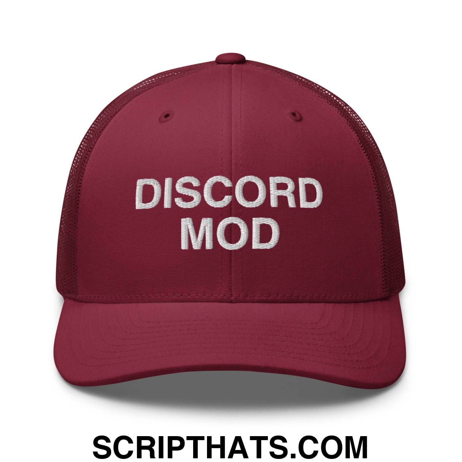 Discord Mod Embroidered Mesh Trucker Hat Cranberry