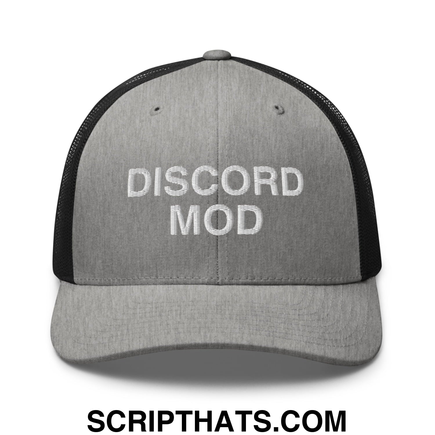 Discord Mod Embroidered Mesh Trucker Hat Heather Black
