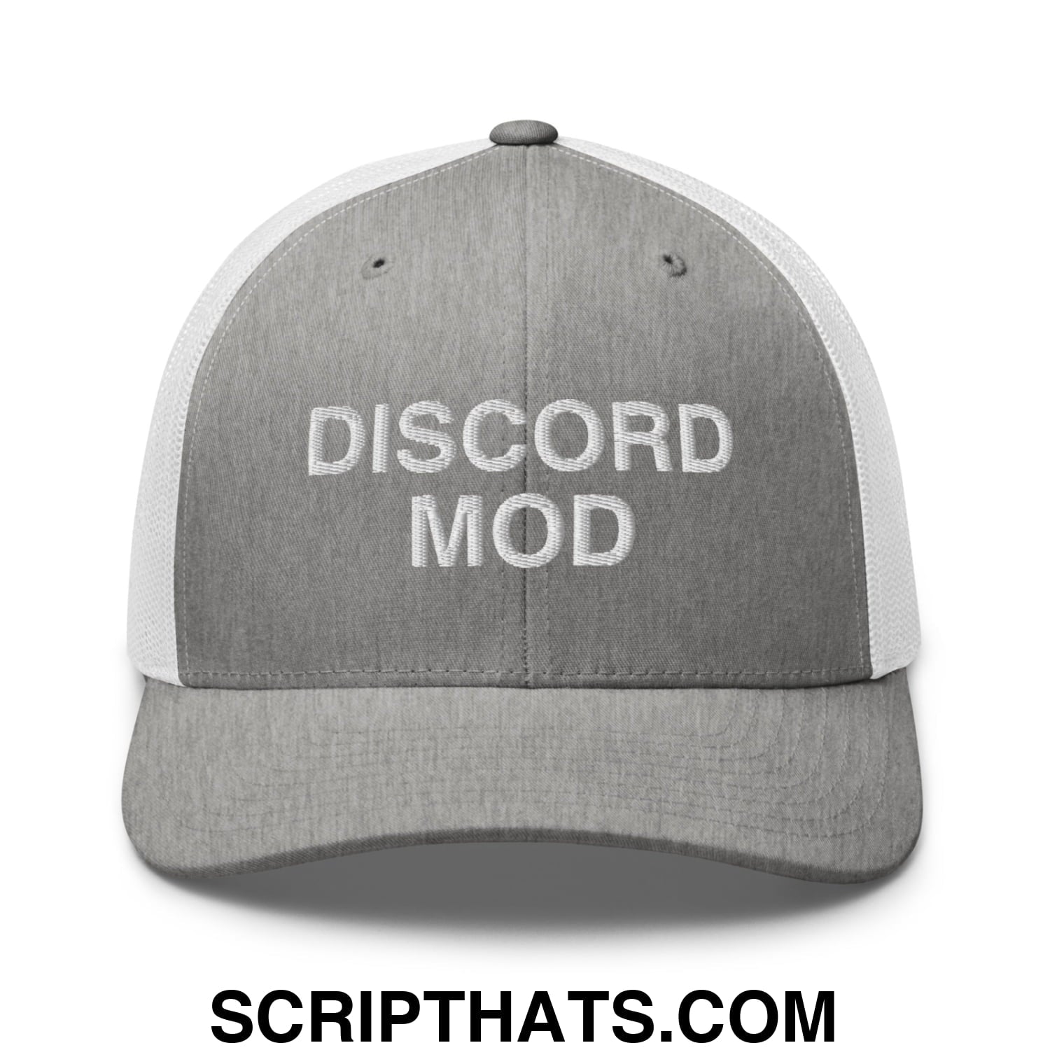 Discord Mod Embroidered Mesh Trucker Hat Heather Grey White