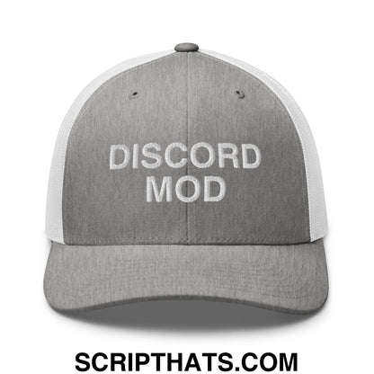 Discord Mod Embroidered Mesh Trucker Hat Heather Grey White