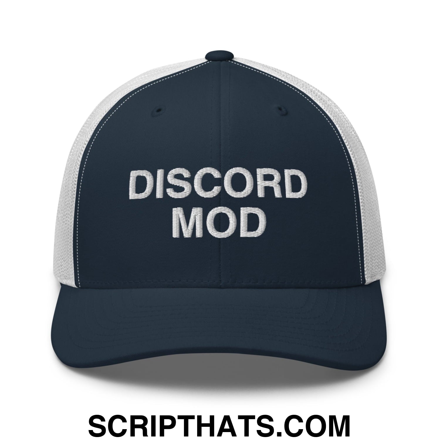 Discord Mod Embroidered Mesh Trucker Hat Navy White