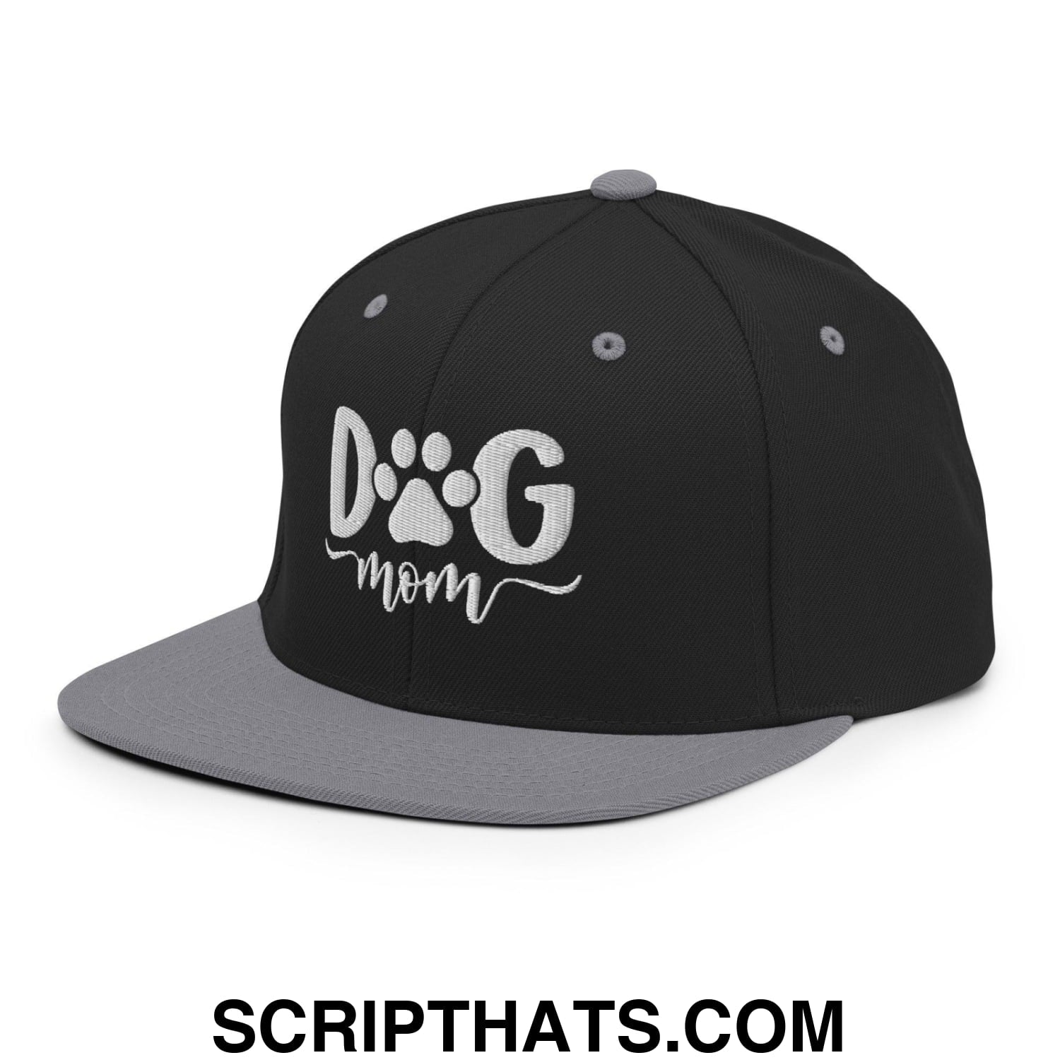 Dog Mom Embroidered Flat Bill Brim Snapback Hat Black Silver