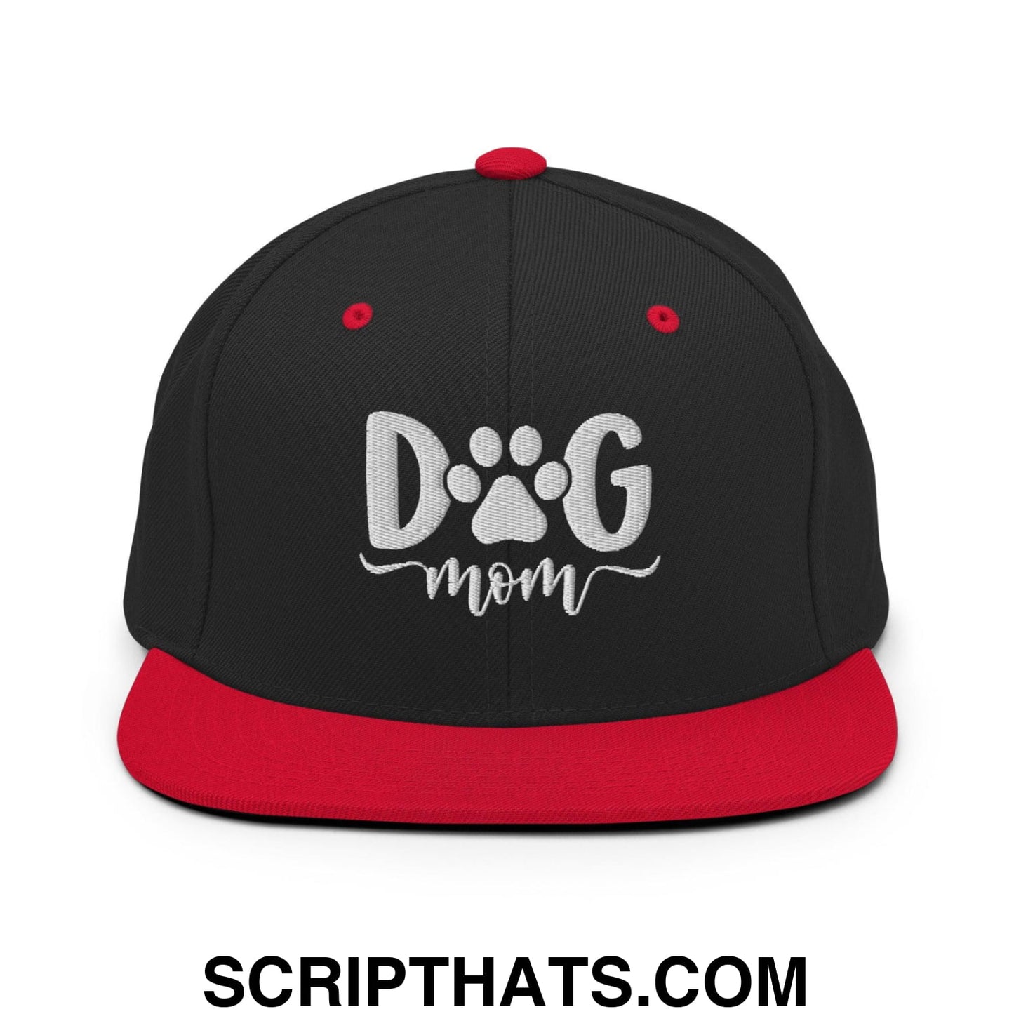 Dog Mom Embroidered Flat Bill Brim Snapback Hat Black Red
