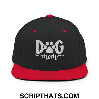 Dog Mom Embroidered Flat Bill Brim Snapback Hat Black Red