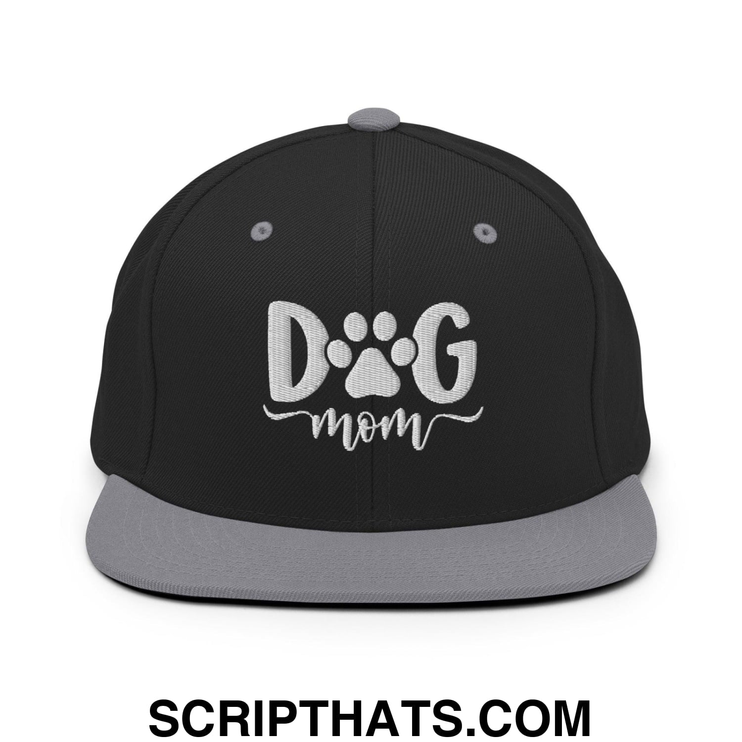 Dog Mom Embroidered Flat Bill Brim Snapback Hat Black Silver