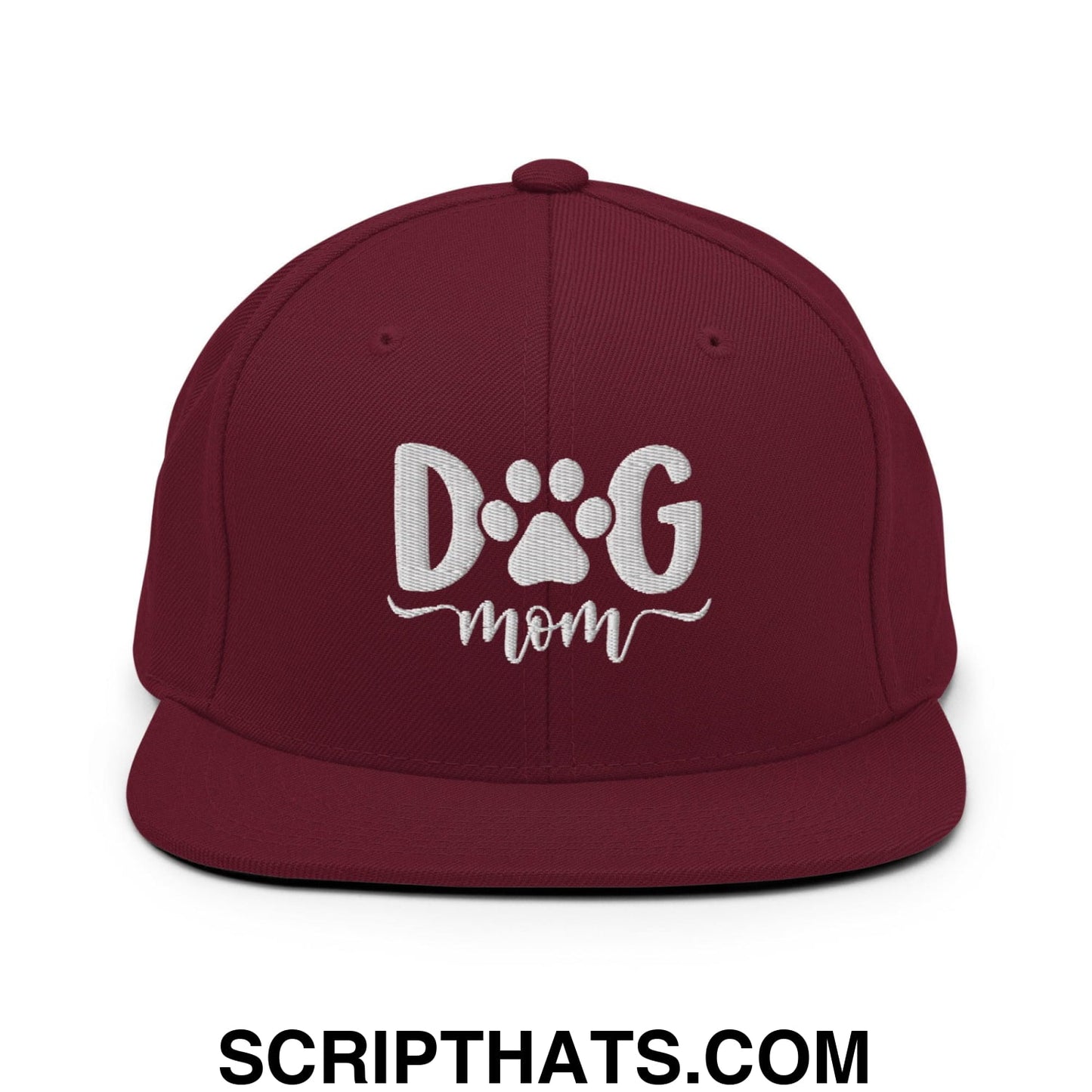 Dog Mom Embroidered Flat Bill Brim Snapback Hat Maroon
