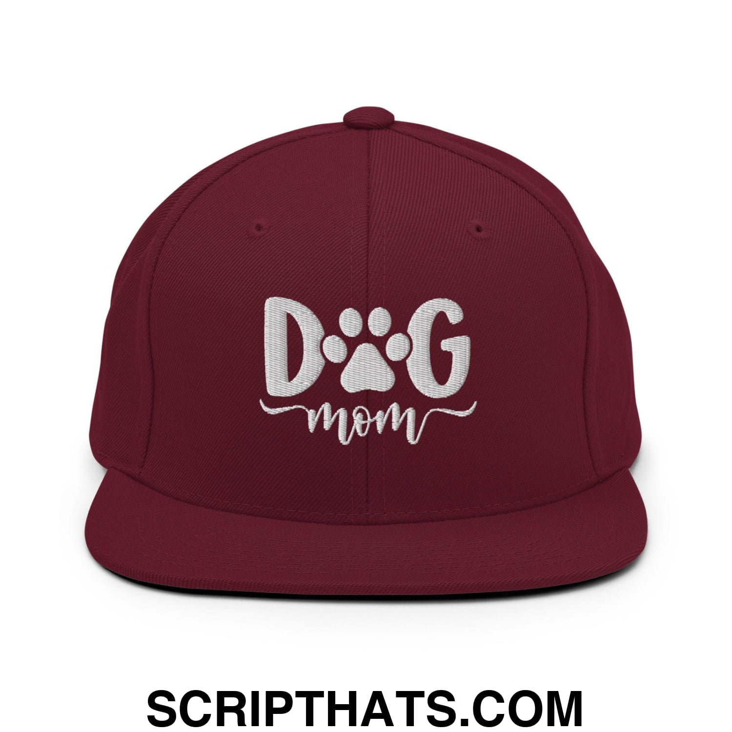 Dog Mom Embroidered Flat Bill Brim Snapback Hat Maroon