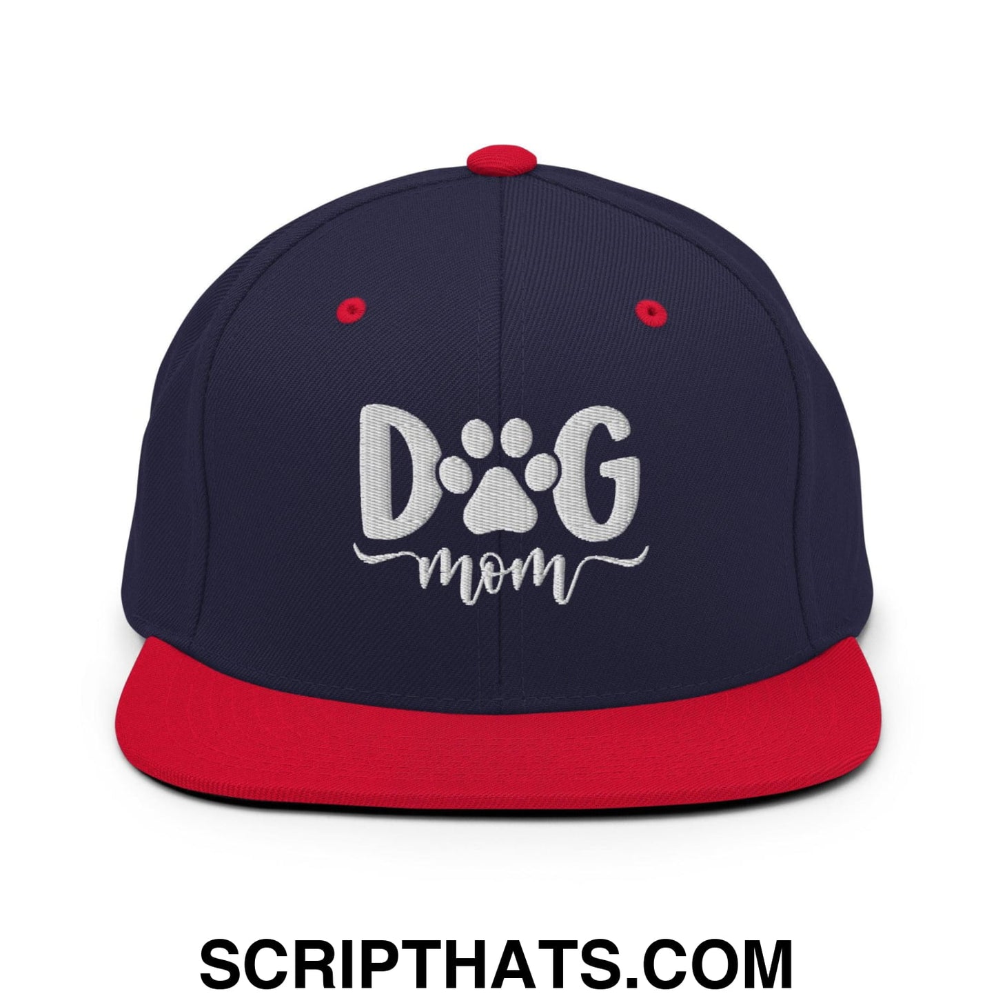 Dog Mom Embroidered Flat Bill Brim Snapback Hat Navy Red