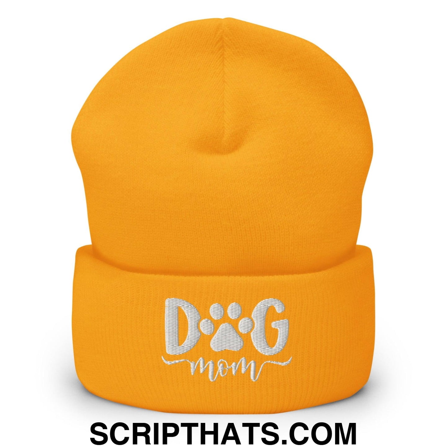 Dog Mom Embroidered Knit Cuffed Beanie Gold
