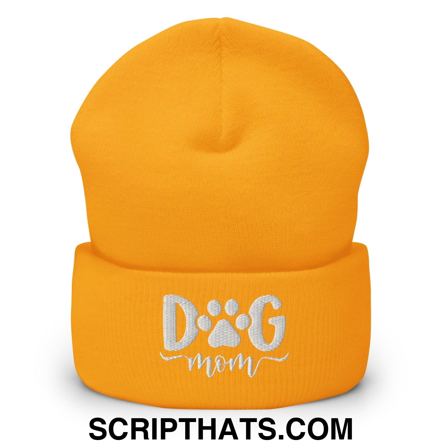 Dog Mom Embroidered Knit Cuffed Beanie Gold