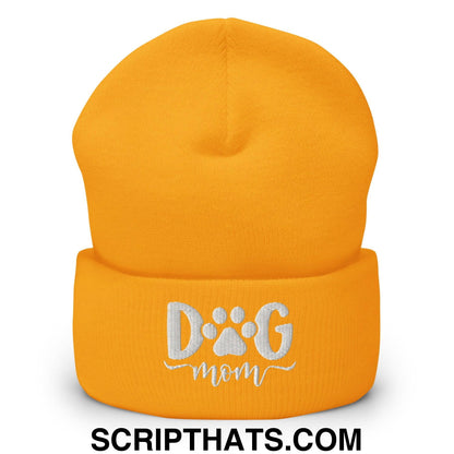 Dog Mom Embroidered Knit Cuffed Beanie Gold