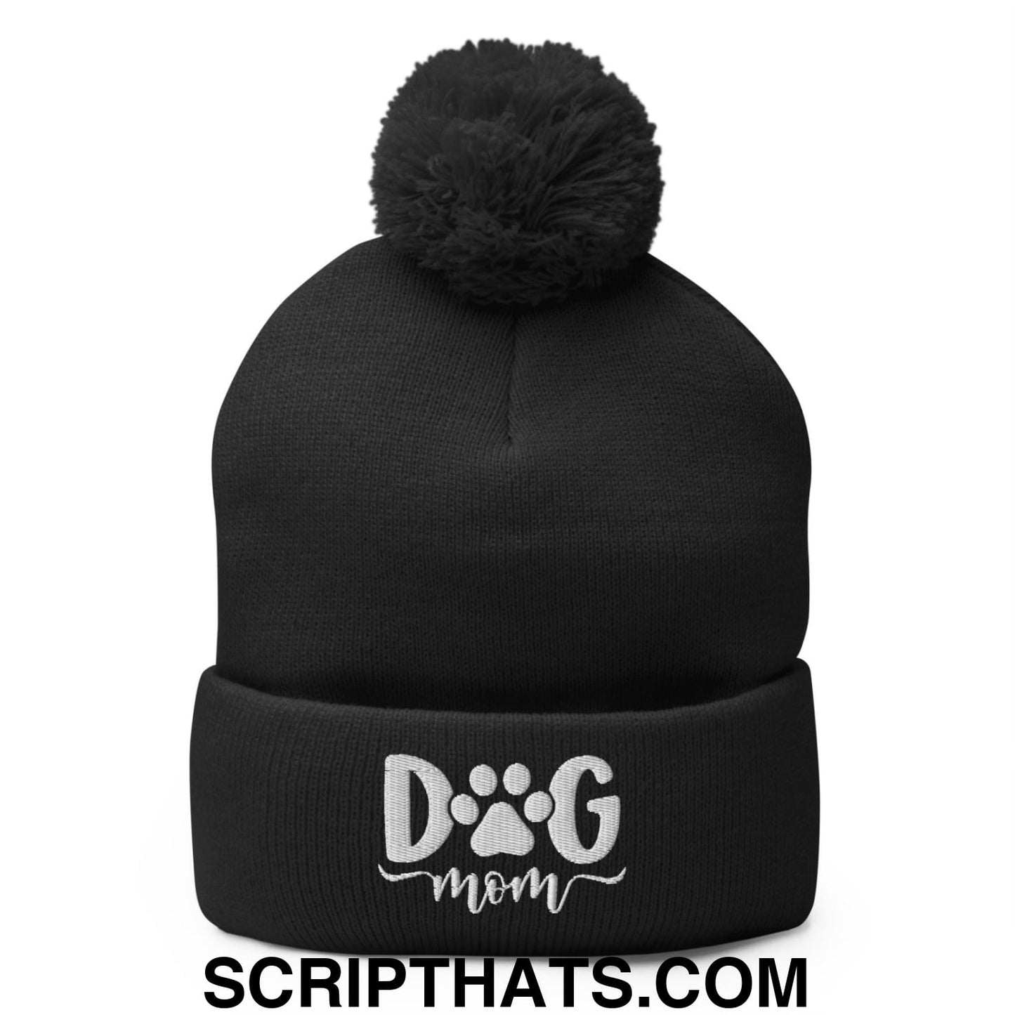 Dog Mom Embroidered Knit Pom Pom Beanie Black