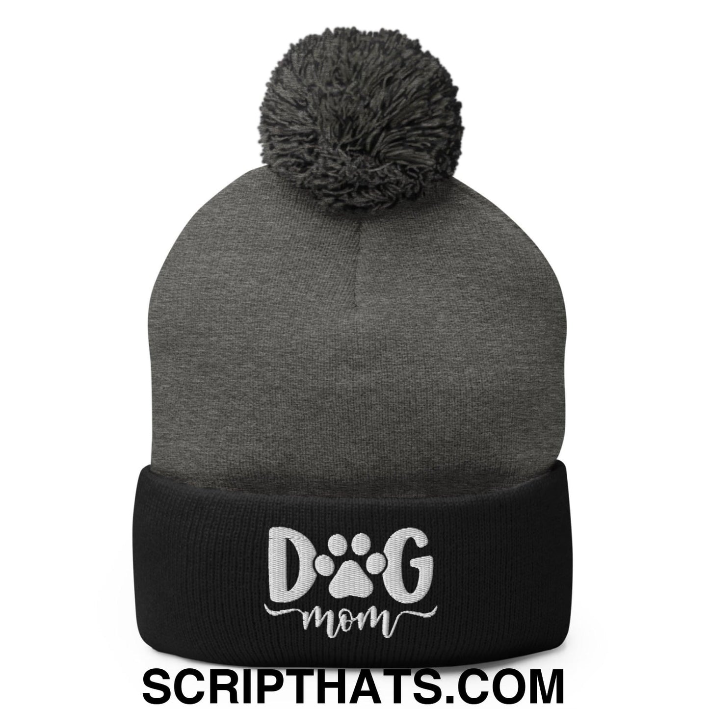Dog Mom Embroidered Knit Pom Pom Beanie Dark Heather Grey Black