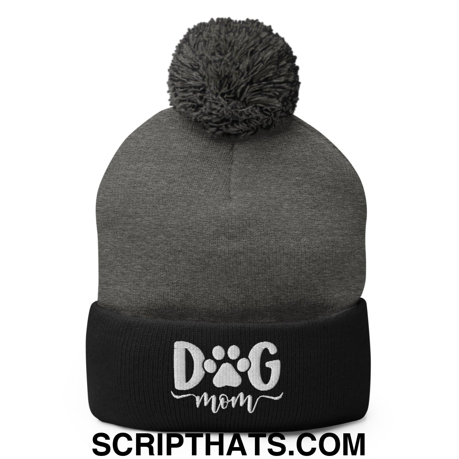 Dog Mom Embroidered Knit Pom Pom Beanie Dark Heather Grey Black