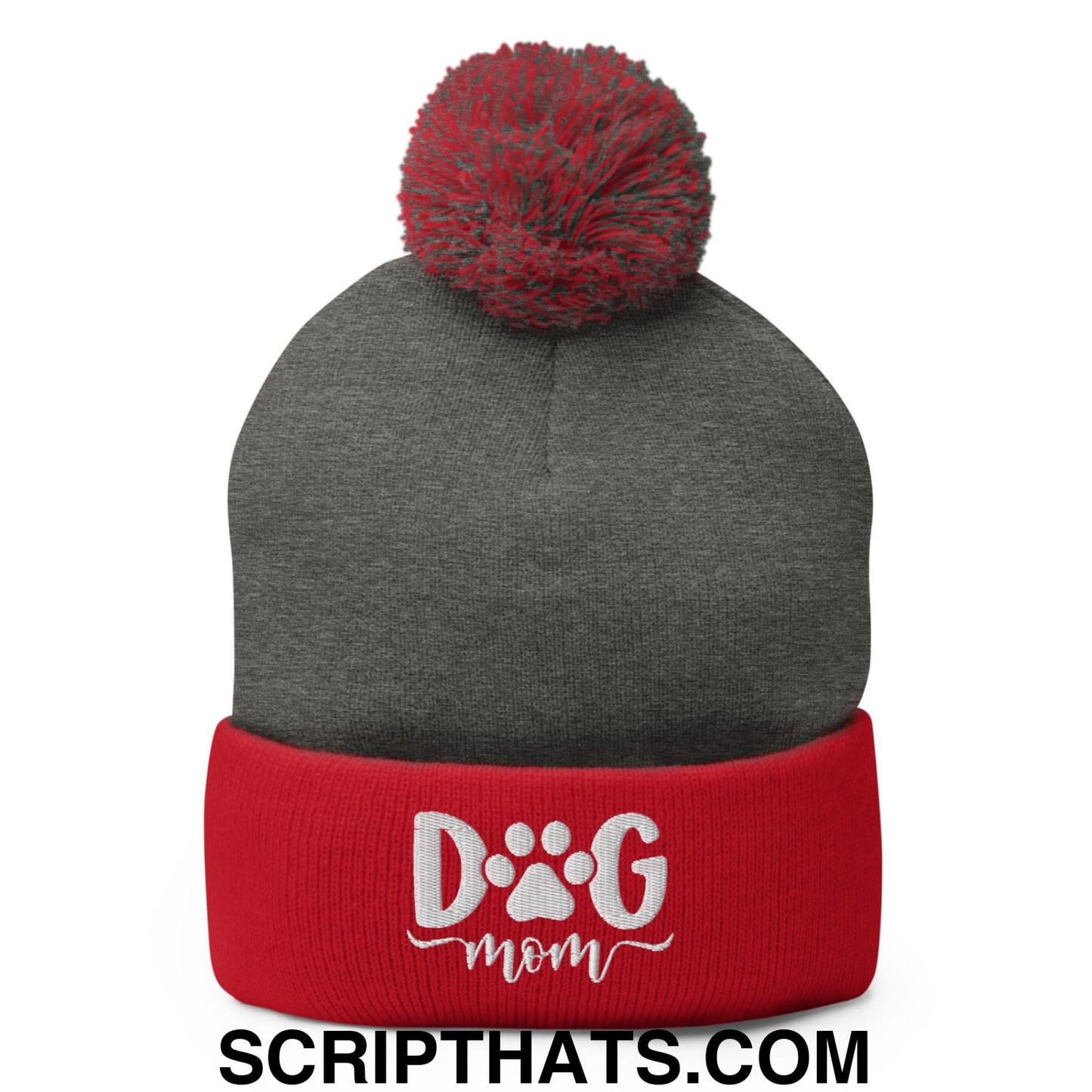 Dog Mom Embroidered Knit Pom Pom Beanie Dark Heather Grey Red