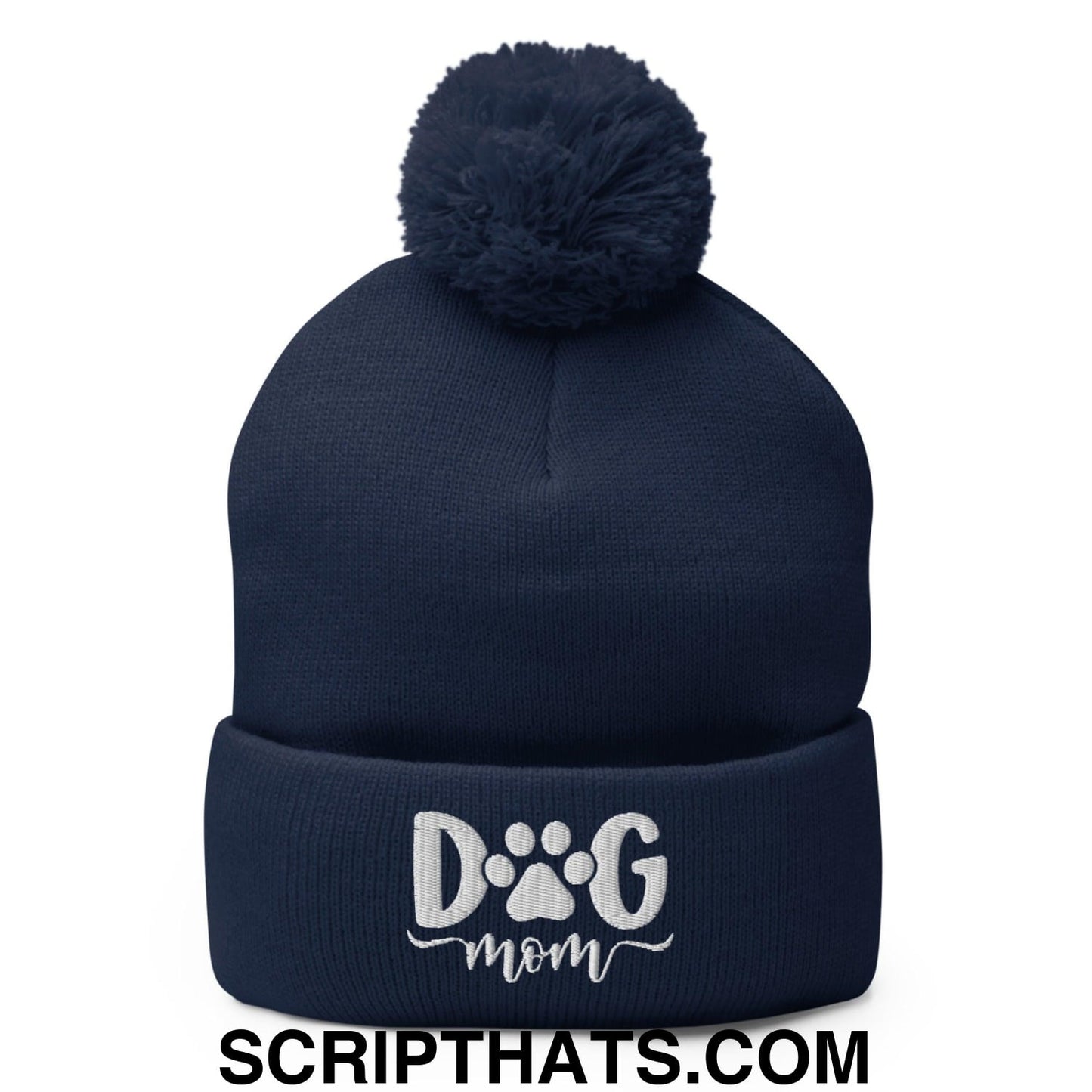 Dog Mom Embroidered Knit Pom Pom Beanie Navy