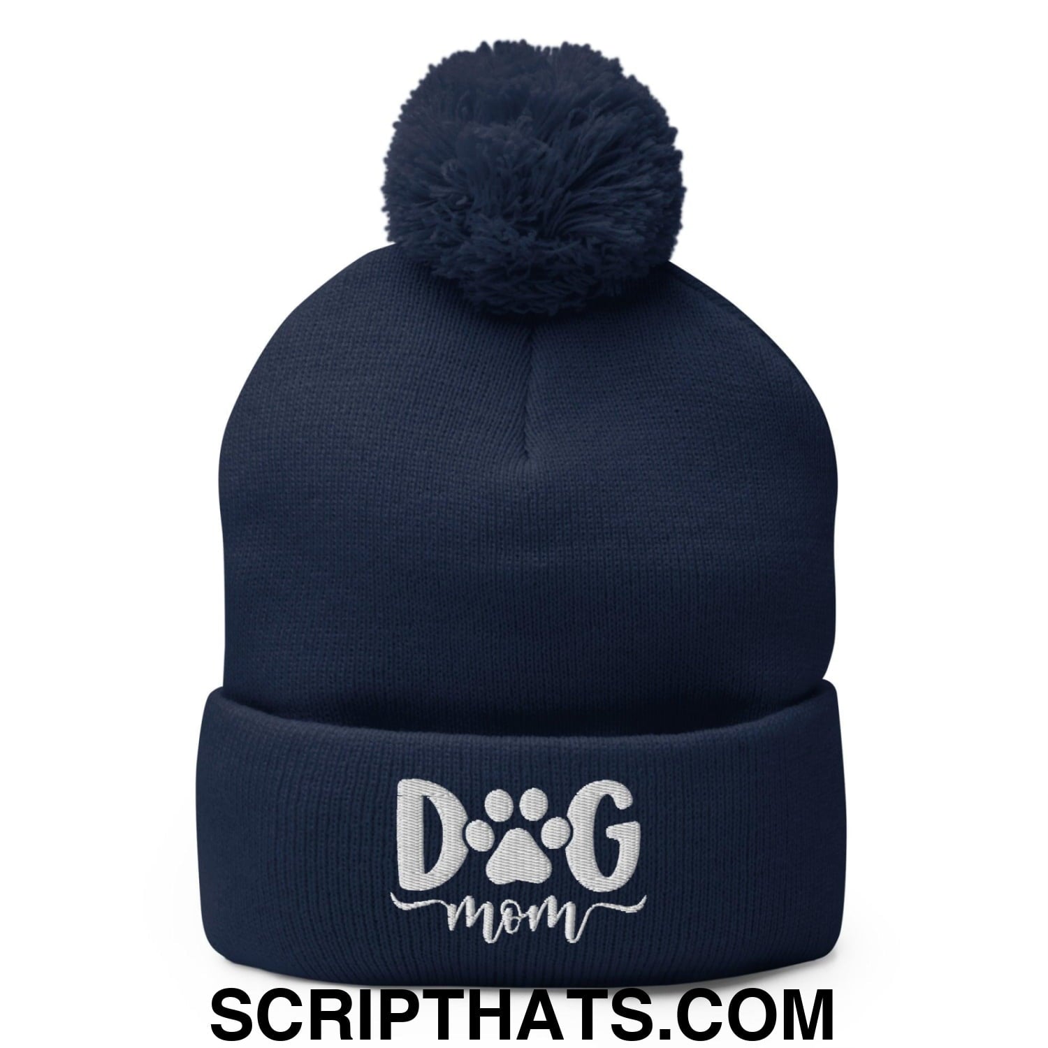 Dog Mom Embroidered Knit Pom Pom Beanie Navy