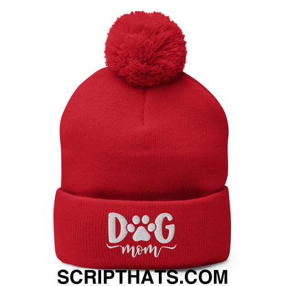 Dog Mom Embroidered Knit Pom Pom Beanie Red