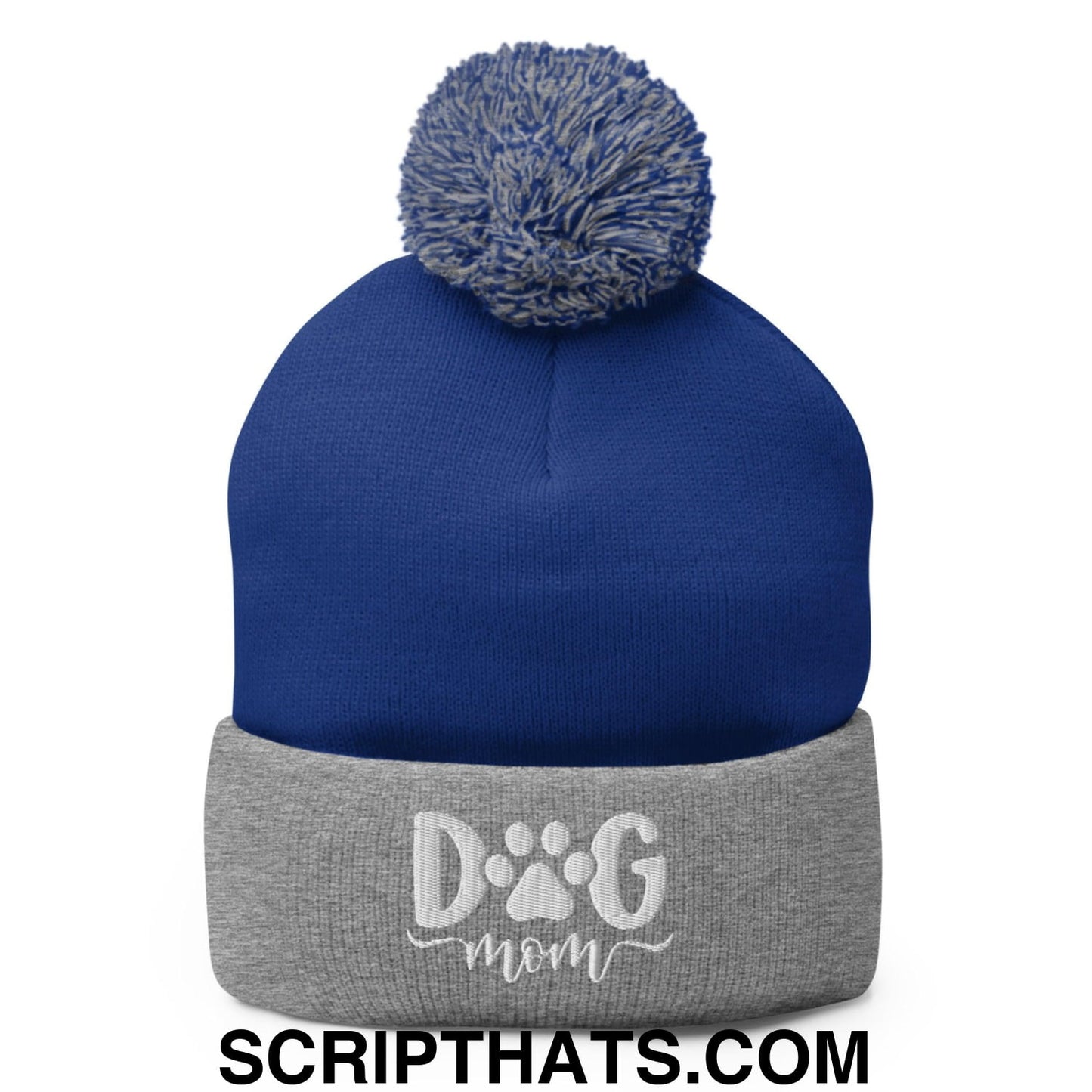 Dog Mom Embroidered Knit Pom Pom Beanie Royal Heather Grey
