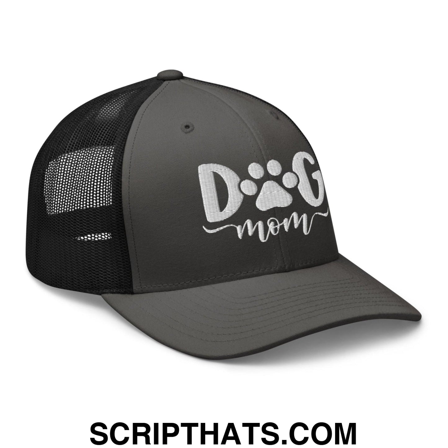 Dog Mom Embroidered Mesh Trucker Hat Charcoal Black