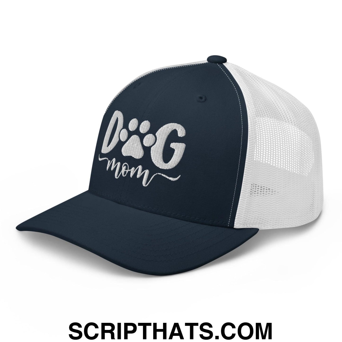 Dog Mom Embroidered Mesh Trucker Hat Navy White