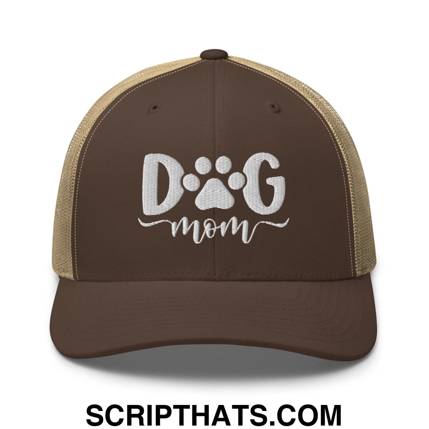 Dog Mom Embroidered Mesh Trucker Hat Brown Khaki