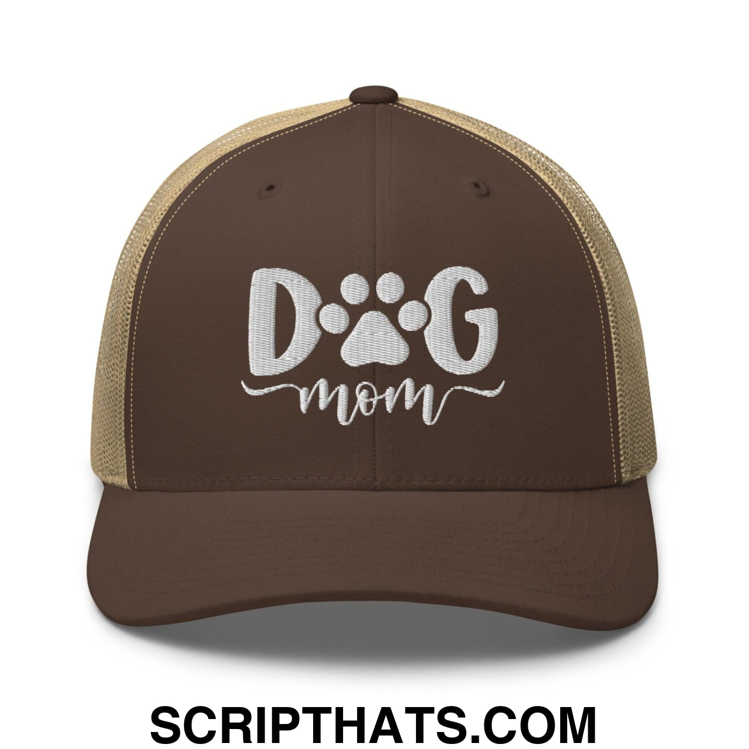Dog Mom Embroidered Mesh Trucker Hat Brown Khaki