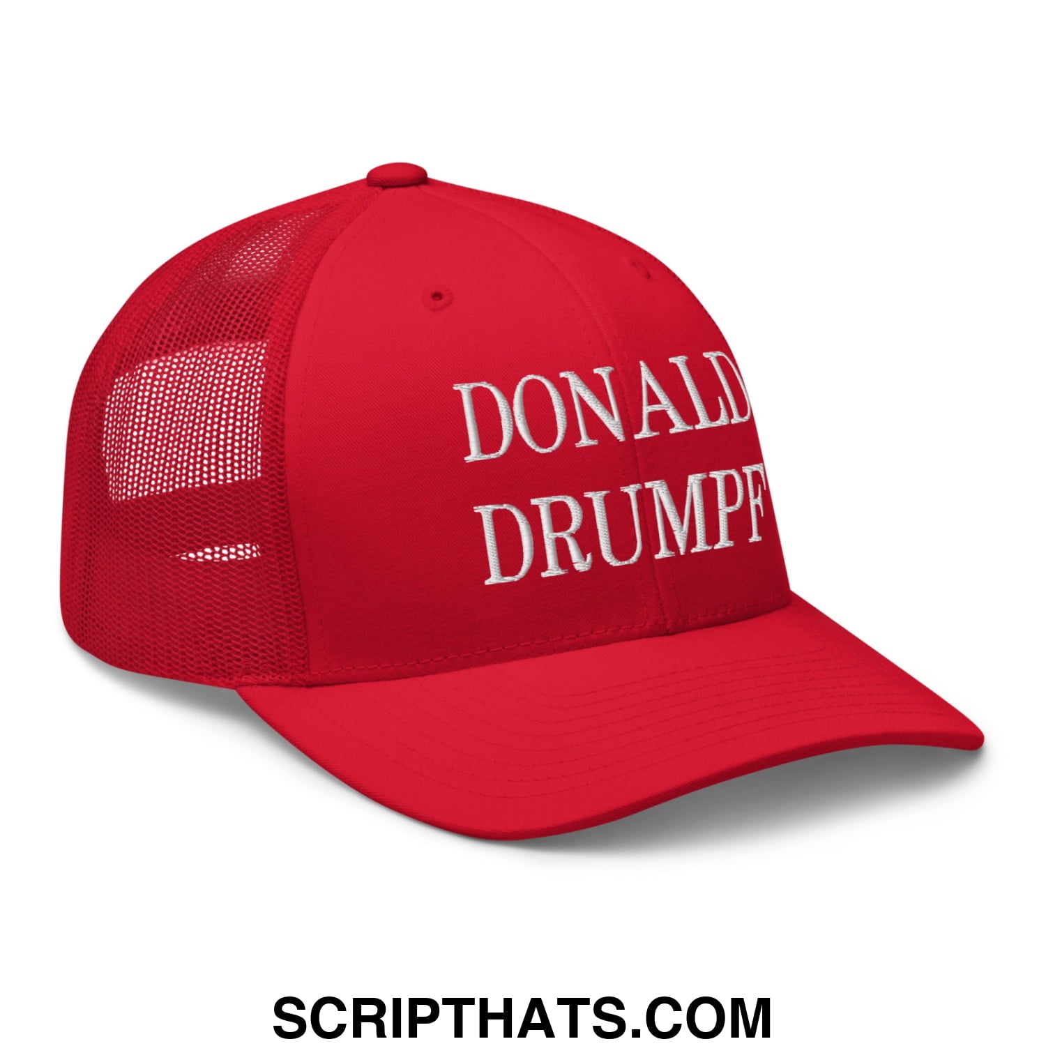Red mesh trucker hat with white embroidered donald drumpf text on the front panel for casual wear