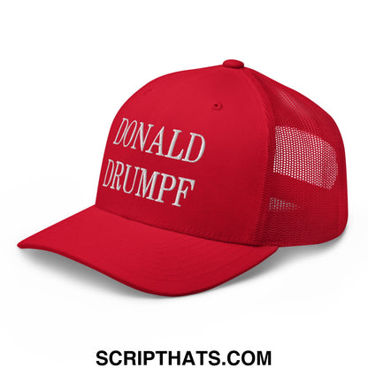 Red mesh trucker hat with white embroidered Donald Drumpf text on the front panel
