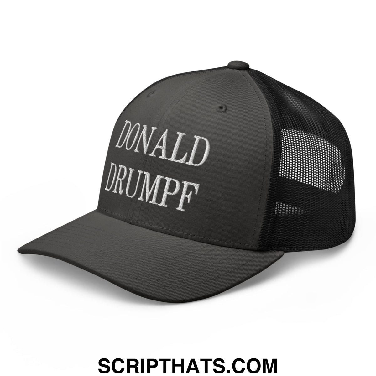 Black embroidered mesh trucker hat with white donald drumpf text on the front panel