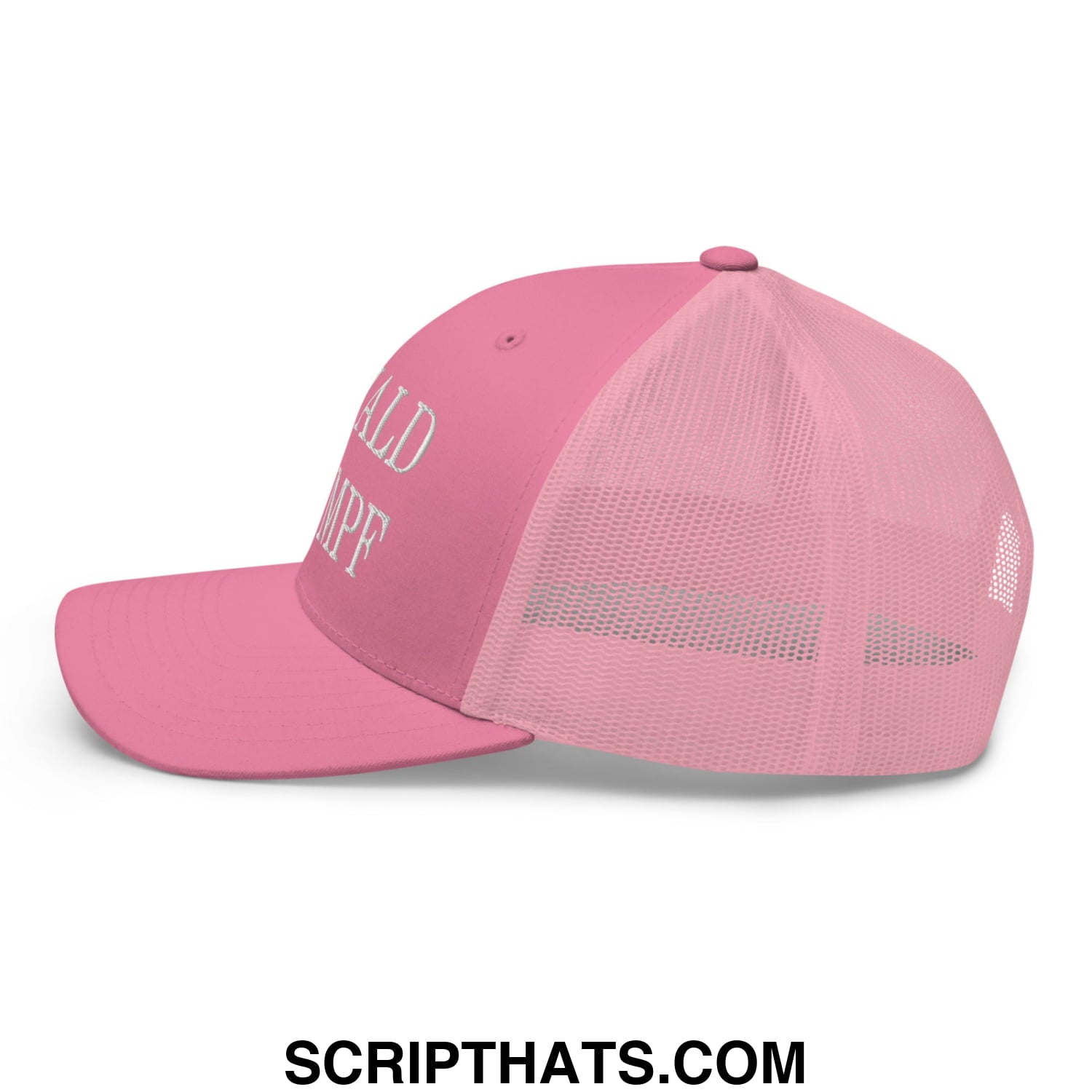 Pink donald drumpf embroidered mesh trucker hat with solid front panel and white embroidered text on side