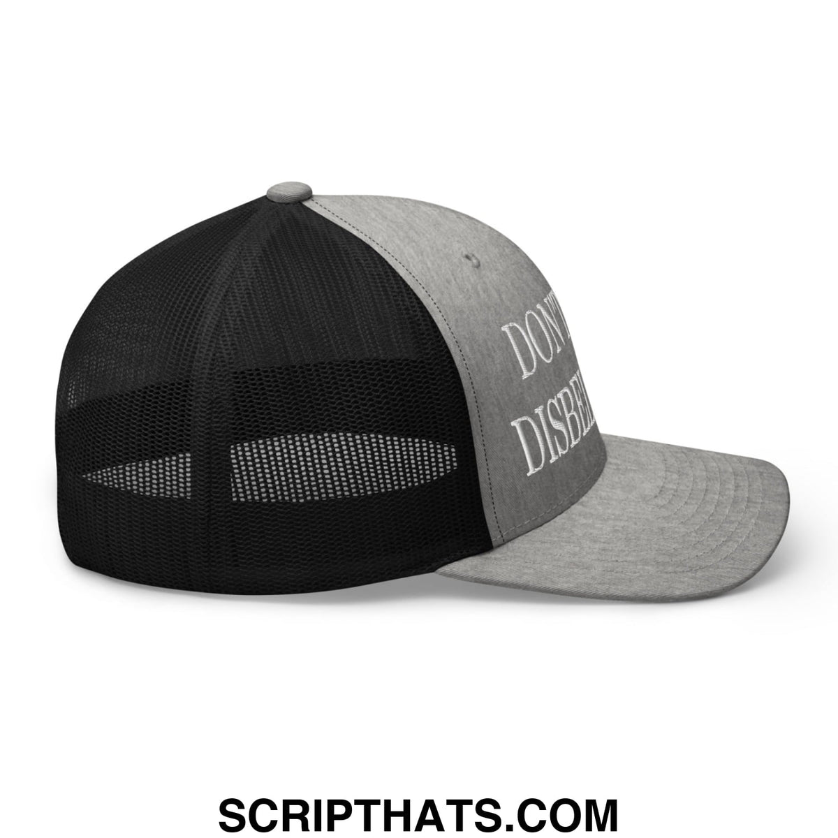 Gray and black mesh trucker hat with white embroidered dont disrespect text on front panel for casual wear