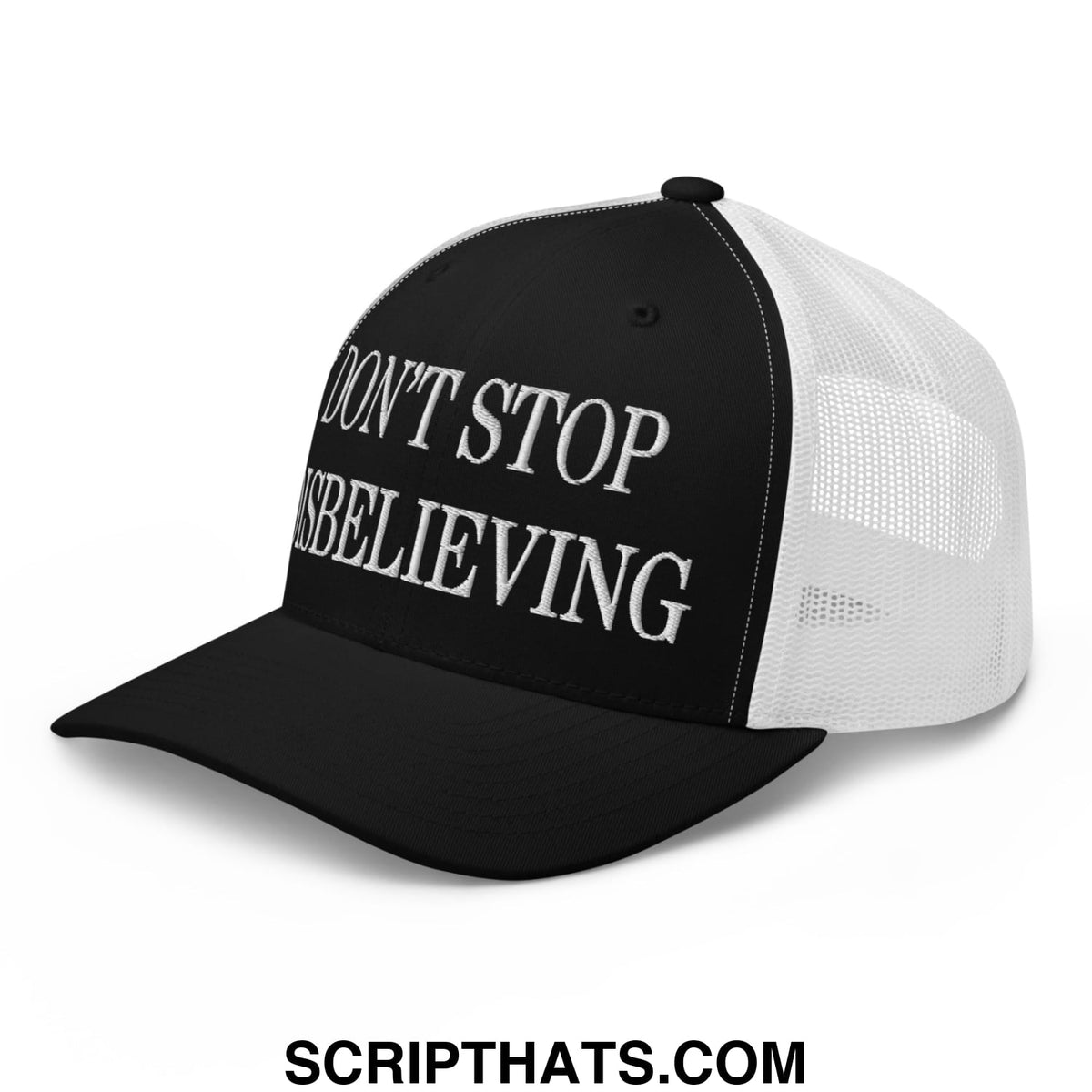 Black and white mesh trucker hat embroidered with dont stop believing in silver thread on the front panel