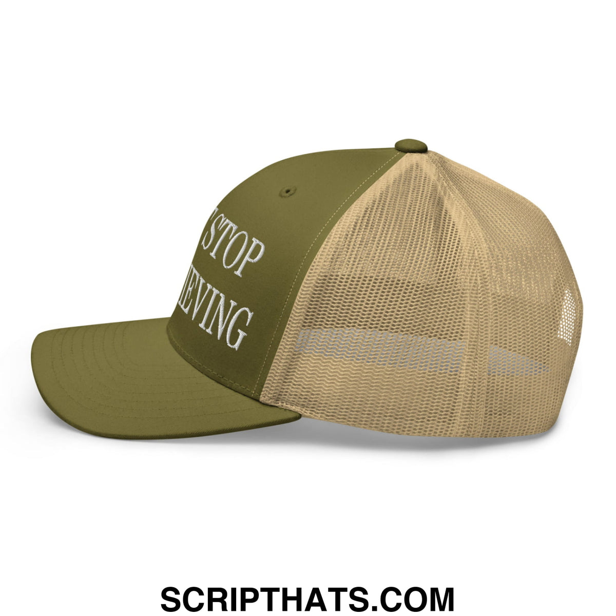 Olive green and tan mesh trucker hat with white stop believing embroidered text on front panel