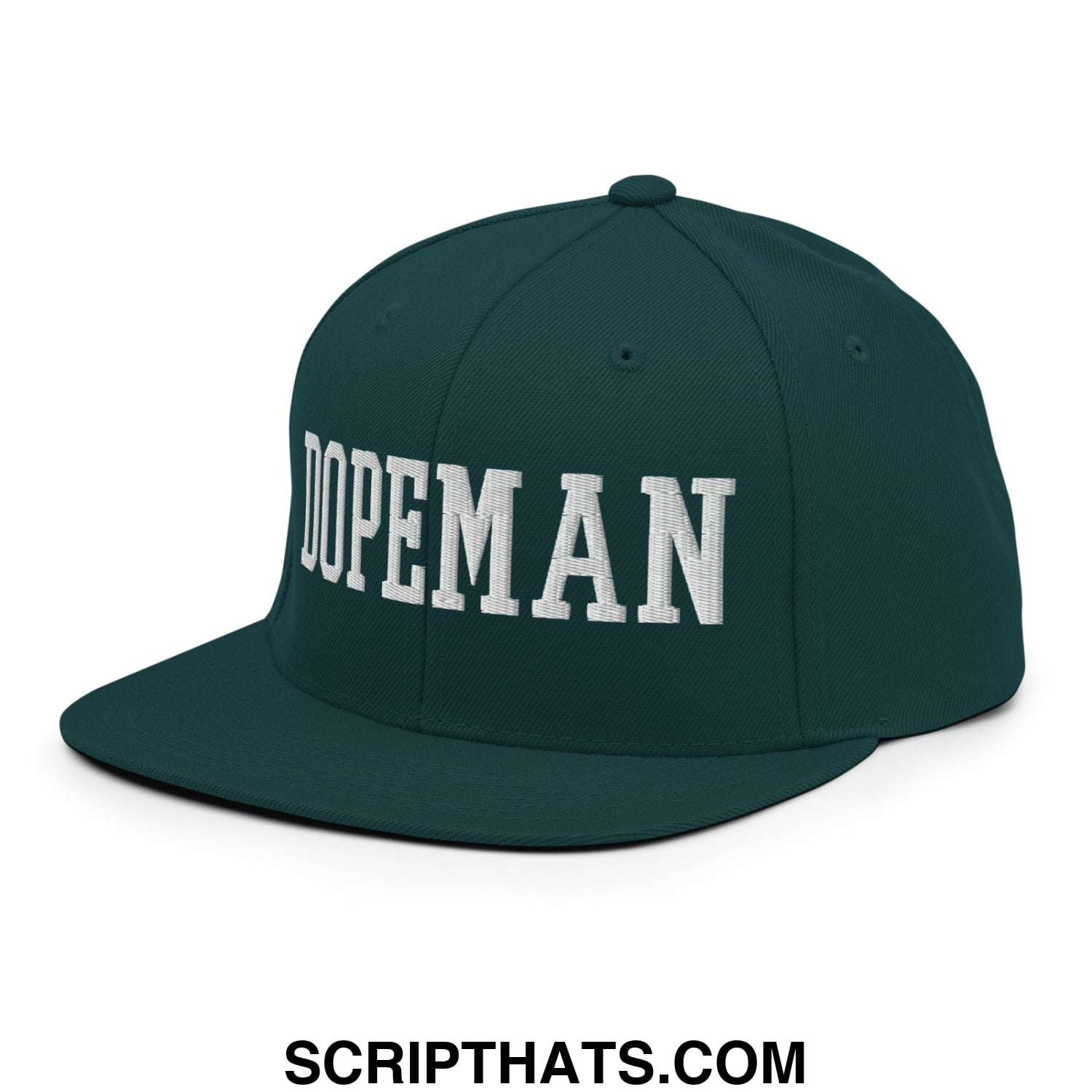 Dark green snapback hat with flat bill brim featuring white embroidered dopeman lettering on front