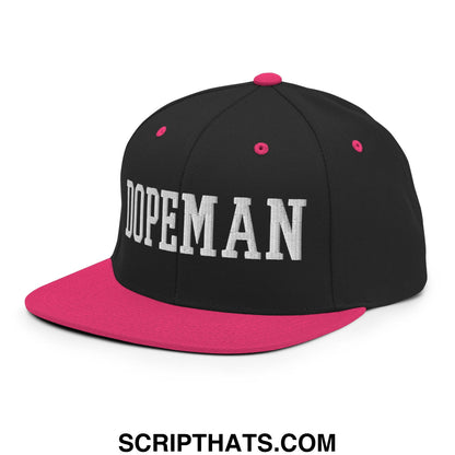 Black and pink snapback hat with white embroidered dopeman lettering and flat bill brim for casual wear