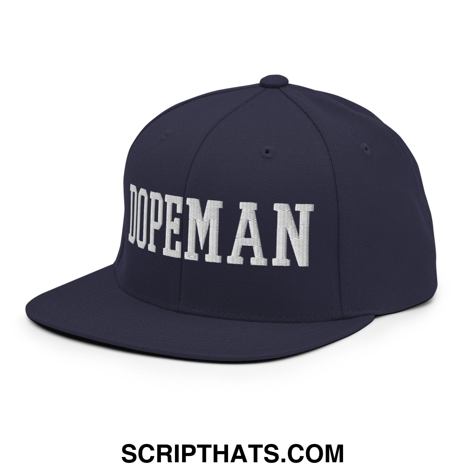 Navy blue dopeman embroidered flat bill brim snapback hat with white lettering and adjustable closure
